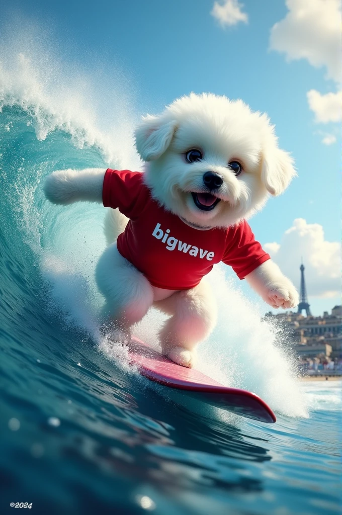White haired Bichon Frise dog, Black muzzle and black eyes, He is wearing a red shirt with the word "Bigwave" written on it., Tube riding on big waves, Surfing at the 2024 Olympics, In Paris.