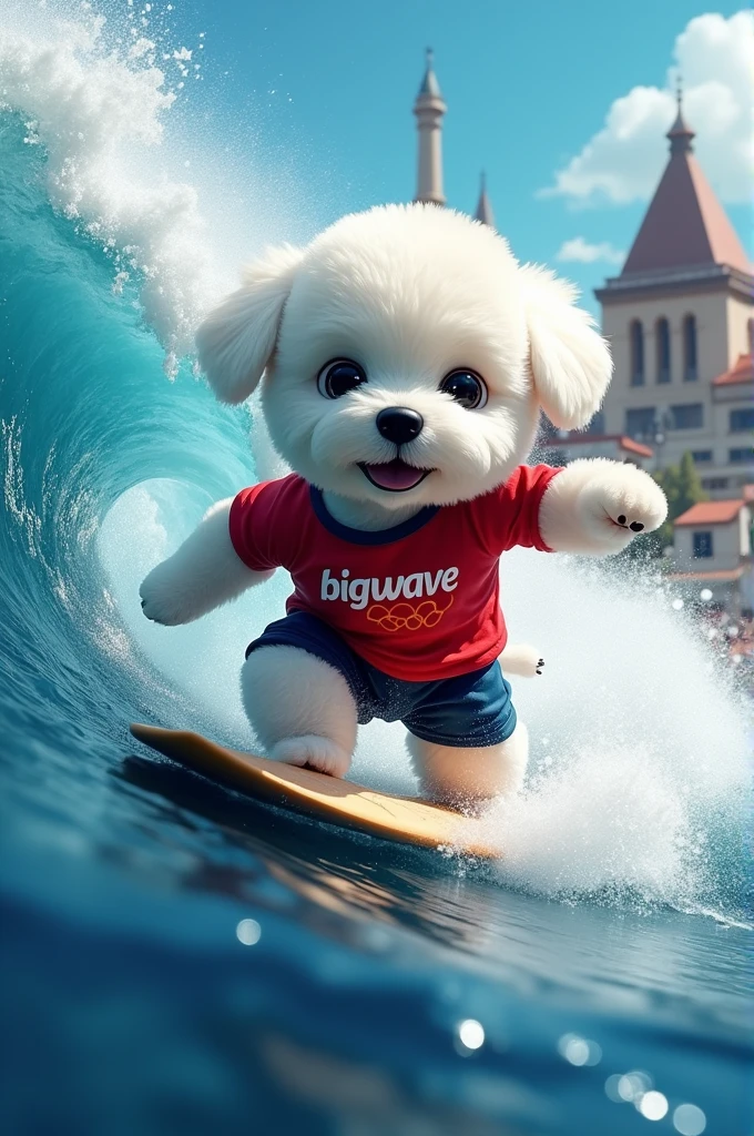 White haired Bichon Frise dog, Black muzzle and black eyes, He is wearing a red shirt with the word "Bigwave" written on it., Tube riding on big waves, Surfing at the 2024 Olympics, In Paris.