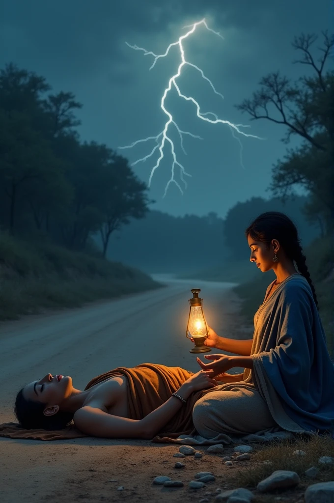 Upagupta ,the disciple of Buddha wearing sage clothes, is lying on the side of dusty road of Mathura without any pillow or any other amenities in 3rd Century BC at a stormy night and a young woman sits besides sleeping Upagupta .She is dressed in blue mantle and is having young body and wearing anklets and has a old kerosene lamp in her hand.They both are alone and a lightning is struck at that time.