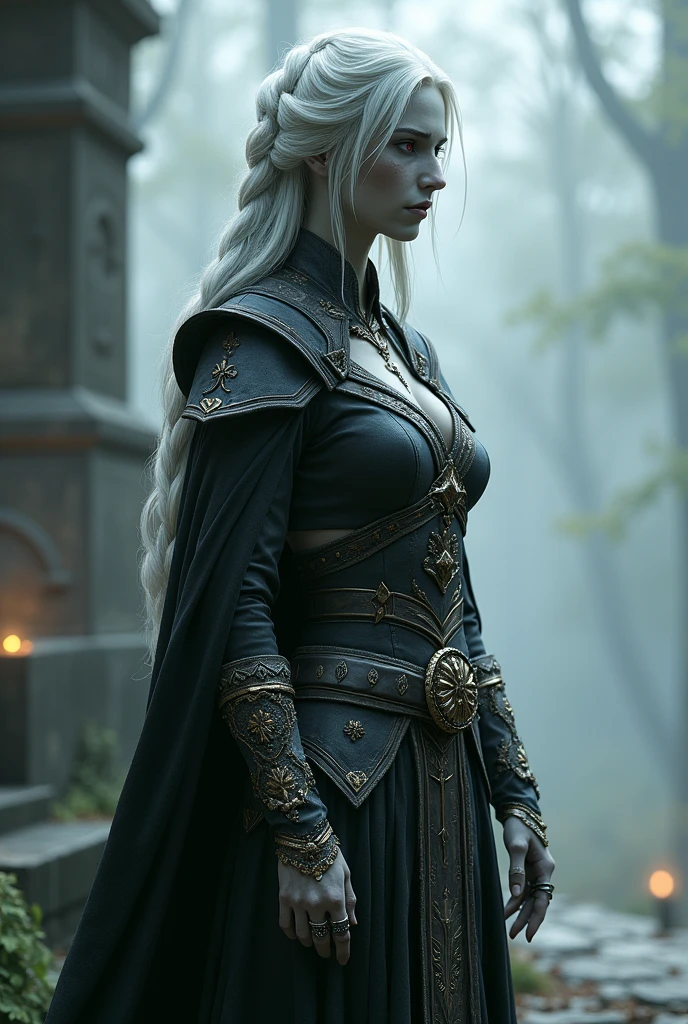 Physical Features: Sylara is a tall, slender Dunmer with ashen gray skin, typical of her race. Her eyes are a piercing red, symbolizing her connection to the dark arts, and her long white hair is often tied back in a loose braid.
In Skyrim, Sylara sought refuge at the Shrine of Azura. There, she experienced a vision from the Daedric Prince herself, urging her to spread Azura's influence across the land by mastering the art of enchanting. With this newfound purpose, Sylara became a powerful enchanter, known for her ability to infuse weapons and armor with powerful, albeit costly, enchantments. Her ultimate goal is to retrieve Azura's Star and use it to cleanse the land of darkness.