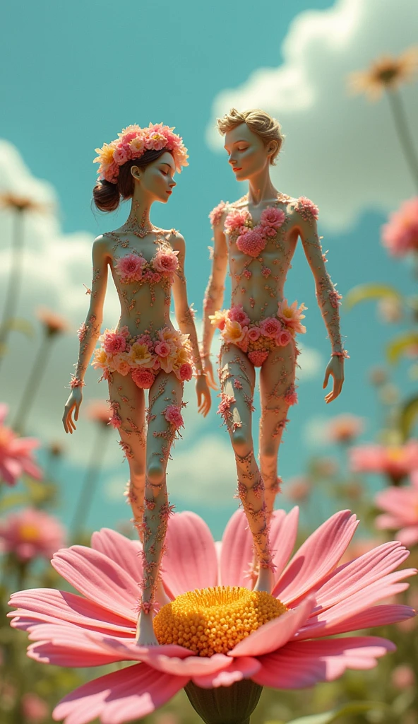 there are two figures of a woman and a man walking on a flower, humanoids covered in flowers, animated film still, animated film, animated film still, animated film, screenshot of youtube video, inspired by ray caesar, music video, whimsical art, the girl made of flowers, animated film ainda, by ray caesar, by Marie Bashkirtseff