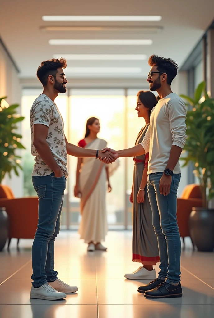 Two young men are waiting for their girlfriends in the reception area of the office. One young man is wearing a white printed shirt, jeans, white shoes and smart watch and the other one is wearing a white full sleeve T-shirt, jeans, glasses and black sneakers. His girlfriend comes there wearing a white Indian suit, black pallu, white shoes and specs. Then she shakes hands with both the boys.