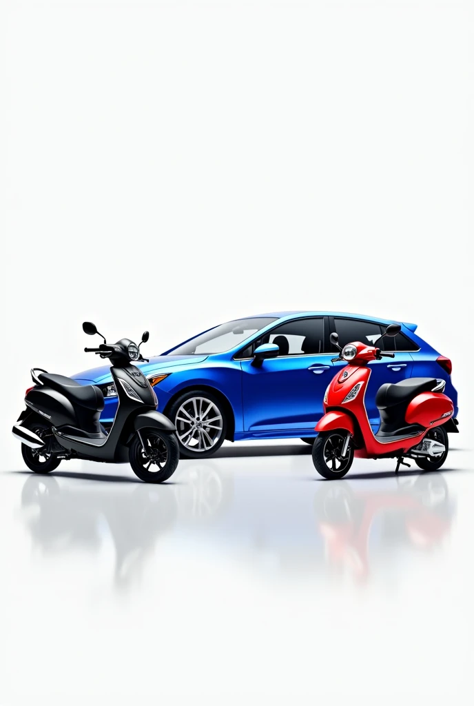 Generate 100  realistic image of black motorcycle, blue color car and red scooter which is used for advertisement in full white background. 

Don't make anything blur.
