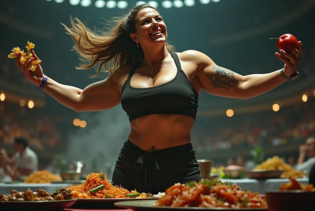 Heaps of food in both hands,cooking battle,fat muscular woman Iron Chef: Quest for an Iron Legend,the back ground is in a fancy restaurant, surrounded by food, food everywhere, table full of food in foreground,kitchen stadium