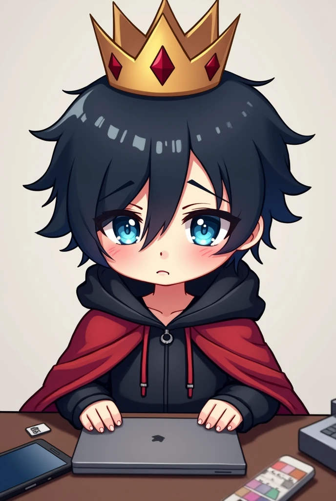 Red Cape,male,Black Hair, Asymmetrical bangs, Parting the bangs,Blue Eyes,Drooping eyes,,Black hoodie,smartphone,computer,Simple background,cool,Illness,Confused eyes,Distributor,crown,King,Chibi Character