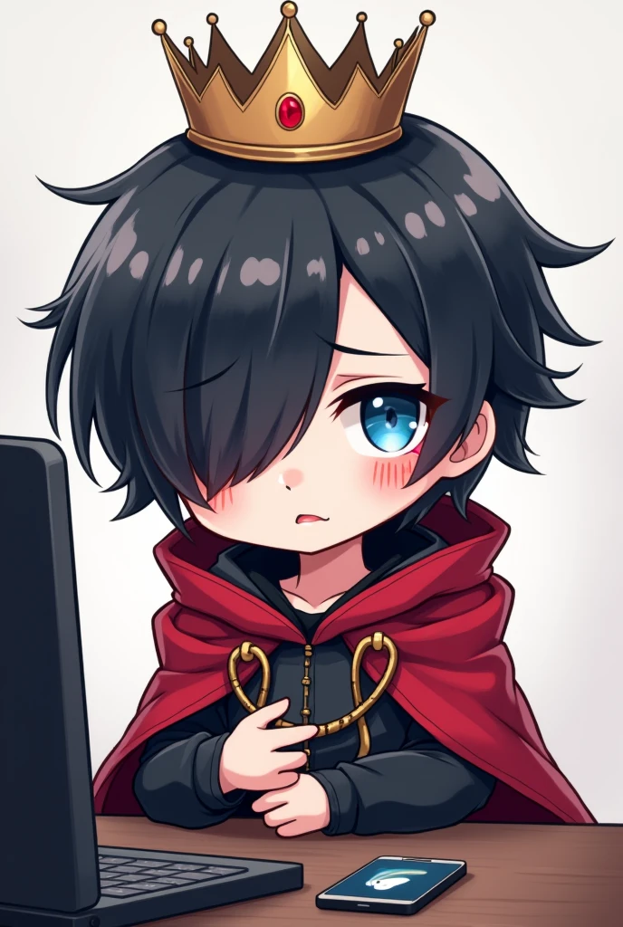Red Cape,male,Black Hair, Asymmetrical bangs, Parting the bangs,Blue Eyes,Drooping eyes,,Black hoodie,smartphone,computer,Simple background,cool,Illness,Confused eyes,Distributor,crown,King,Chibi Character