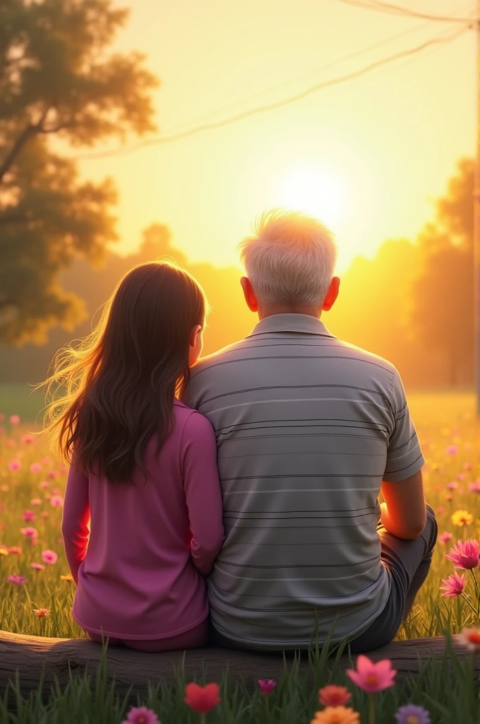 Create a tattoo design featuring a granddaughter and her grandfather sitting on a cut tree branch in an open field. Only their backs are visible, with the granddaughter on the left side and the grandfather on the right. The grandfather is wearing a gray polo shirt with thin black stripes, while the granddaughter is in a magenta shirt. The granddaughter’s height reaches only up to her grandfather’s elbow. Nearby, there are flowers and the sun. The granddaughter’s straight hair extends to her elbows and appears slightly swayed by the wind on her left side.