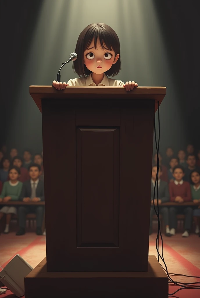 A small sad girl stands beside a podium