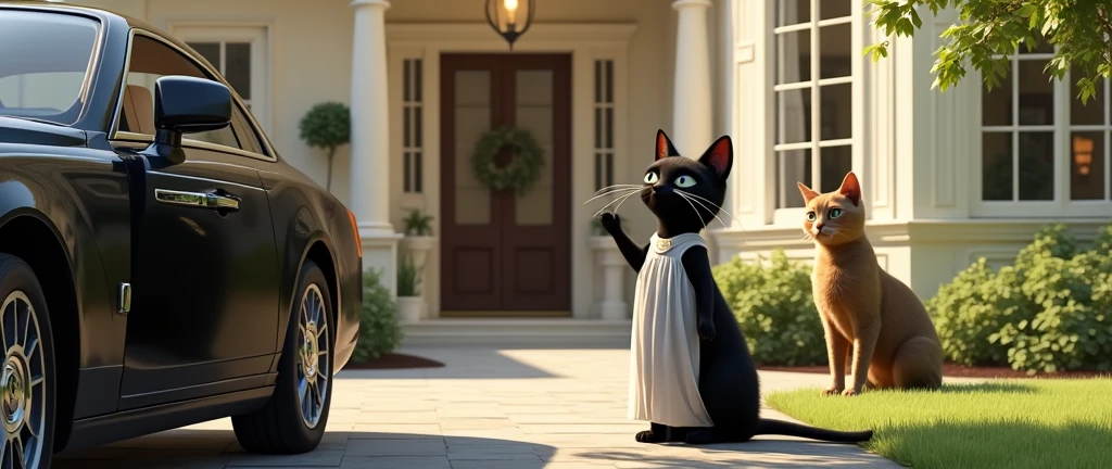 A luxury car is parked in front of an elegant mansion. A young and beautiful black cat, standing up straight and wearing an elegant white dress, gets out of the car gracefully. in the backyard, an older brown cat, wise-looking and relaxed in posture, watching her from afar. Both have human characteristics, such as subtle facial expressions and clothing details.
