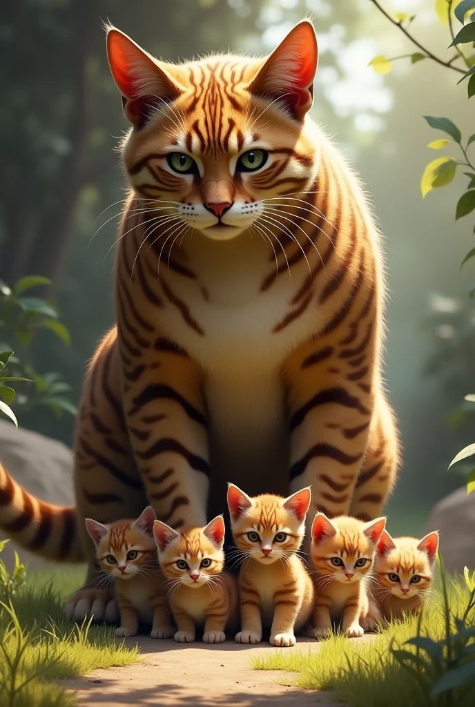 A cat with a strong body standing in front of a group of kittens