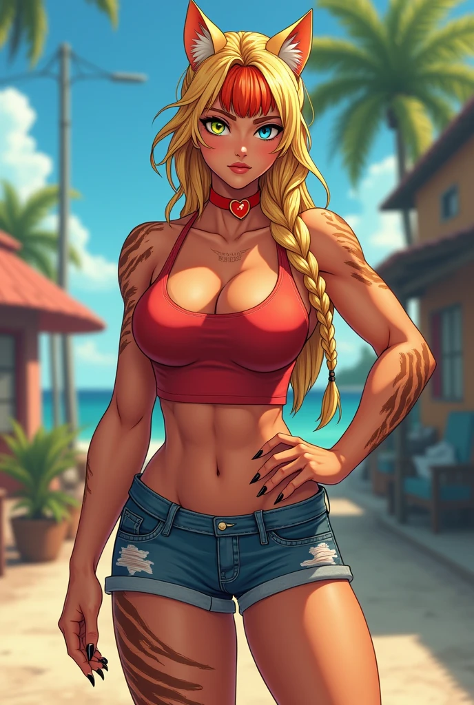 e Very muscular woman body builder body of a professional fighter athletic great physical attributes brown skin with tanned tiger spots she has sun marks from her bra and thong pantie, She is blonde with long hair with a single red fringe and has two long braids and cat ears., It has eyes of two different colors, the left one is pool blue and has a pool blue sclera, the right one is yellow and has a yellow sclera, both eyes have a cat's pupil, has black claws on its nails, she has a heart collar around her neck, She is wearing very typical Brazilian clothing, a red women's tank top, denim shorts and flip-flops.. style Vtuber 2.5D. Japanese anime art