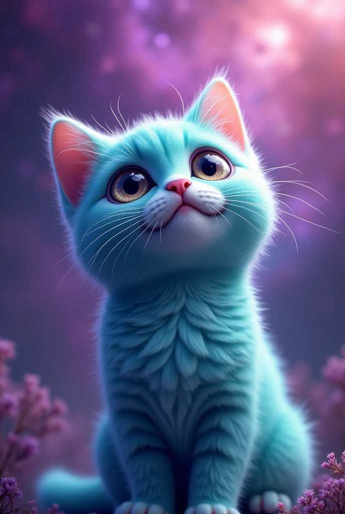 create a cute cat, It has turquoise and purple color, hiper realisitic, He is looking up, he has a pink nose, eyes large, realisitic, super realisitic, the background is a turquoise galaxy with purple, expanded background