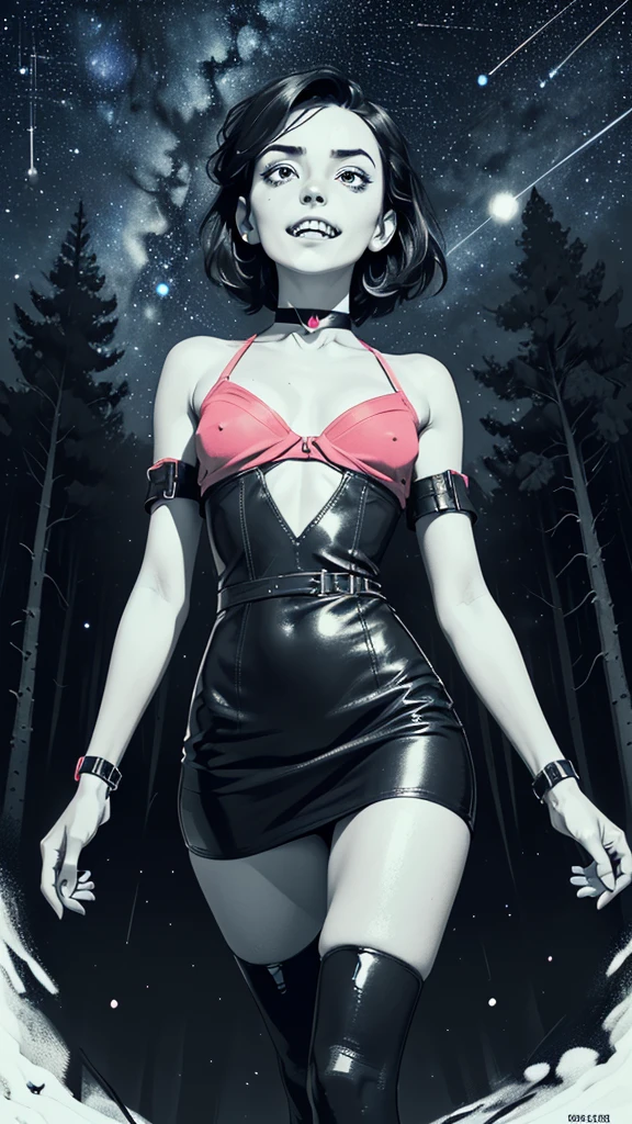 one girl, solo, slender body, fit body, (bust:1.3), (sharp teeth:1.3), (pale eyes:1.3), black hair, (short hair:1.2), masterpiece, highly detailed, look at viewer, (look from below, below view:1.3), (leather dress, choker:1.4), (long exposure starry sky with many circular orbits, many stars twinkling in a beautiful bright winter night sky, forest, fractal art, bright colors, colors mashing, complimentary colors, neon, compassionate:1.3), expressing joy, (dark sky background:1.1), (bare shoulders:1.4), (small breast size, small breasts, tiny breasts, flat chest, male chest:1.3), (limited palette:1.7), (legs in leather stockings:1.2)