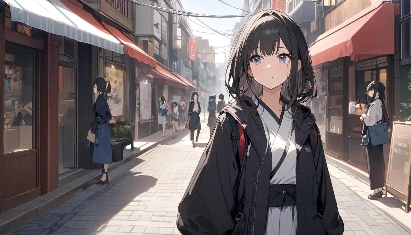 Black-haired woman looking this way,Streetscape、listen to music、Japanese