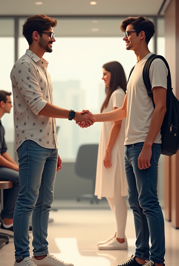 Two young men are waiting for their girlfriends in the reception area of the office. One young man is wearing a white printed shirt, jeans, white shoes and smart watch and the other one is wearing a white full sleeve T-shirt, jeans, glasses and black sneakers. His girlfriend comes there wearing a white Indian suit, black pallu, white shoes and specs. Then she shakes hands with both the boys.