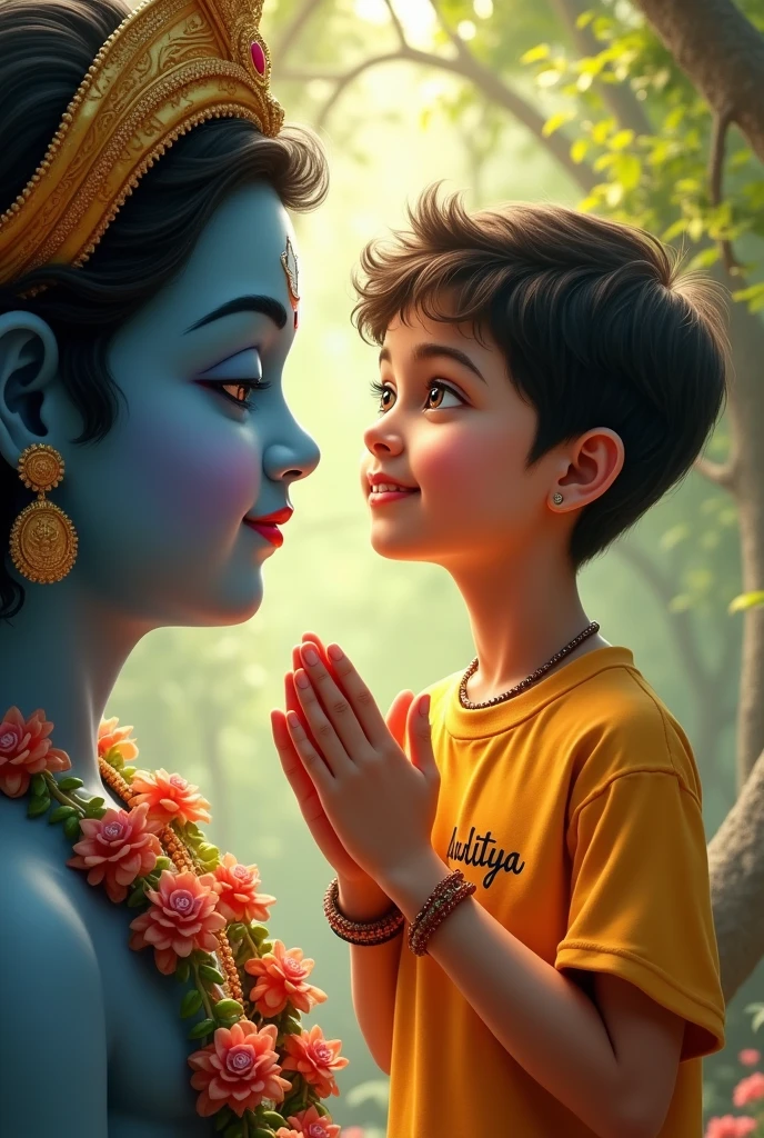 One boy worshipping  lord krishn and 

and turning infront of krishn

written Aaditya in his tshisrt