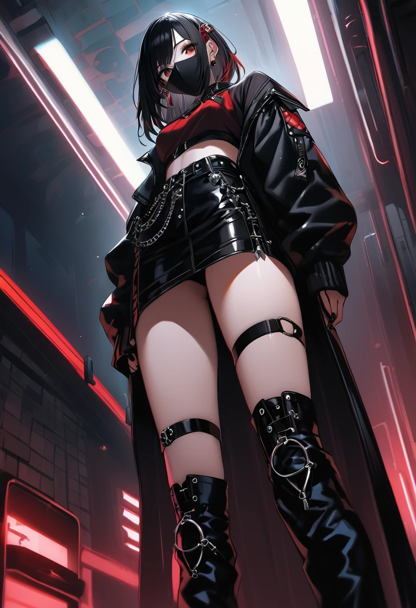 Highest quality、8k、masterpiece:1.3、Gothic Punk、The inside color is red、Black-haired、hair ornaments、Beautiful girl、creative、Dark Fantasy Style、Neogoth、Goth Fashion:1.2、High resolution、masterpiece、Highest quality、頭w:1.3、((Hasselblad Photos))、Fine skin、Sharp focus、(Cinematic lighting)、Realistic textured hair、((Black Mask)),Whole Body Ezbian、((View from below))