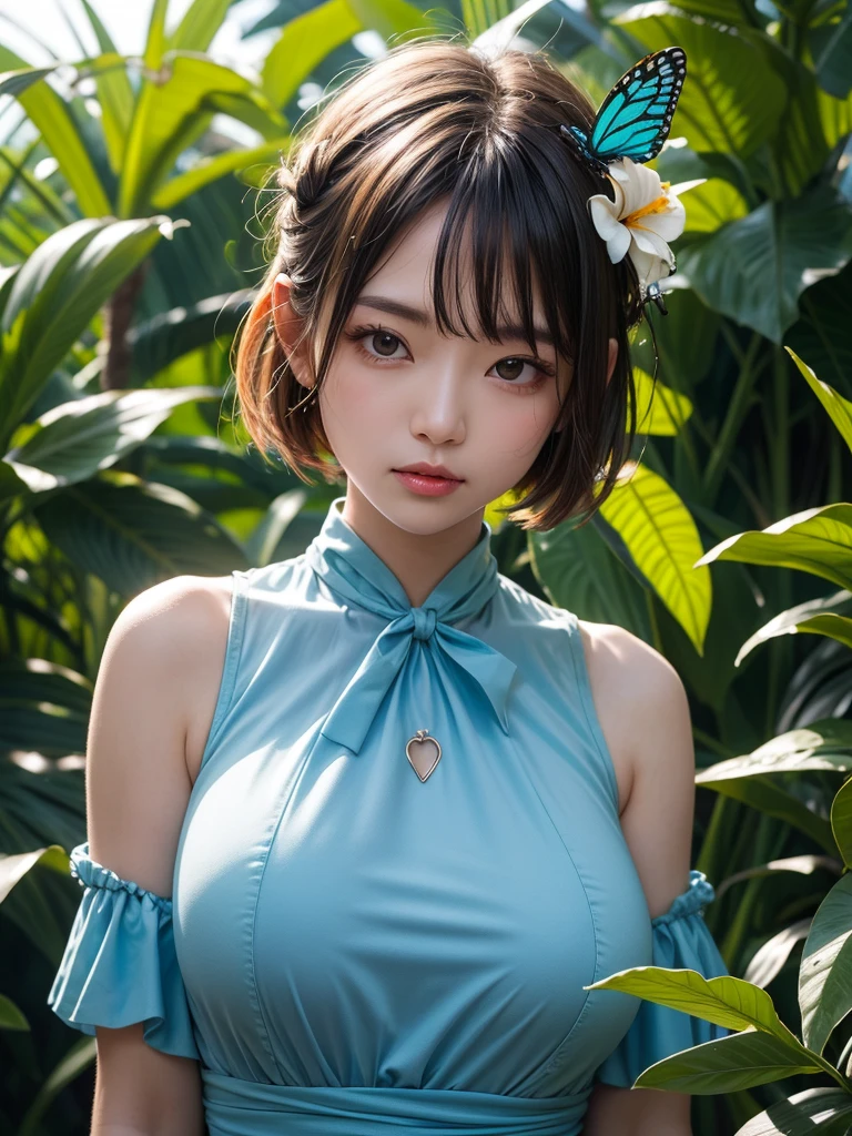 （High resolution，high intensity lighting，4K），長いface，One person，face，详细的face，Tropical Garden，Short fine hair，She has butterflies on her head，クローズアップface，Midday Sun，Huge boobs)，View your viewers，Close range - intensity，Blue Dress，Keep your mouth shut，