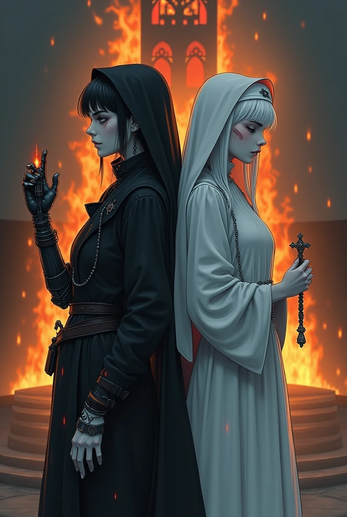 Two pale middle-aged pre-teens back to back with violet eyes, with the one on the left wearing dark alchemist clothes and with the left arm with a steampunk prosthesis holding a dagger with the symbol of Baphomet, short black hair and a cut on her face and the one on the right wearing white nun clothes holding a rosary with closed eyes and long white hair with a church in flames behind , the night