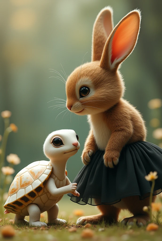 A tiny white brown and black turtle, next to a big white rabbit with brown hair and a black skirt