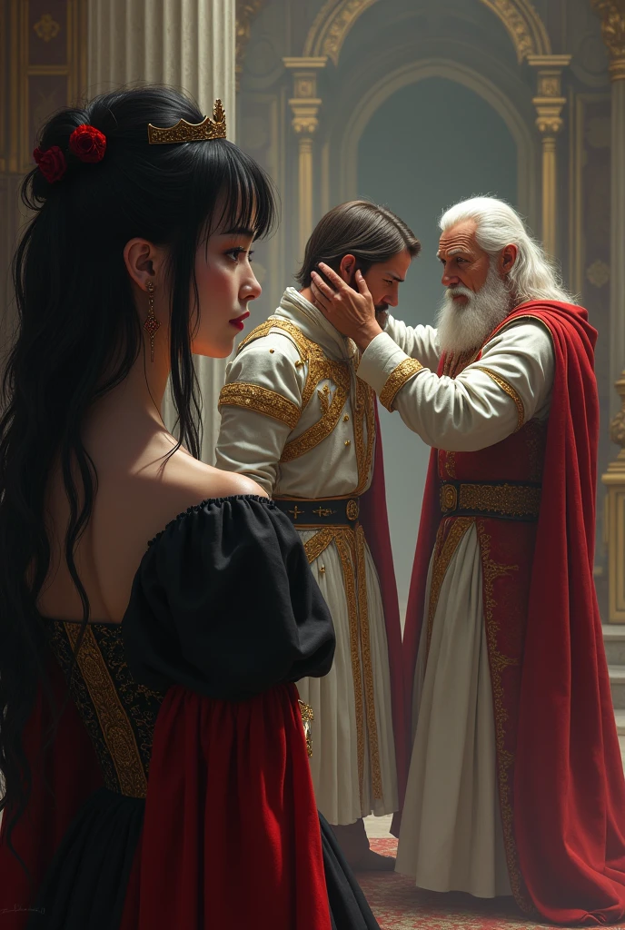 a woman with half-dark white hair and a red and black dress sadly watches from afar as an old man places the crown on the head of another man with white hair and armor
