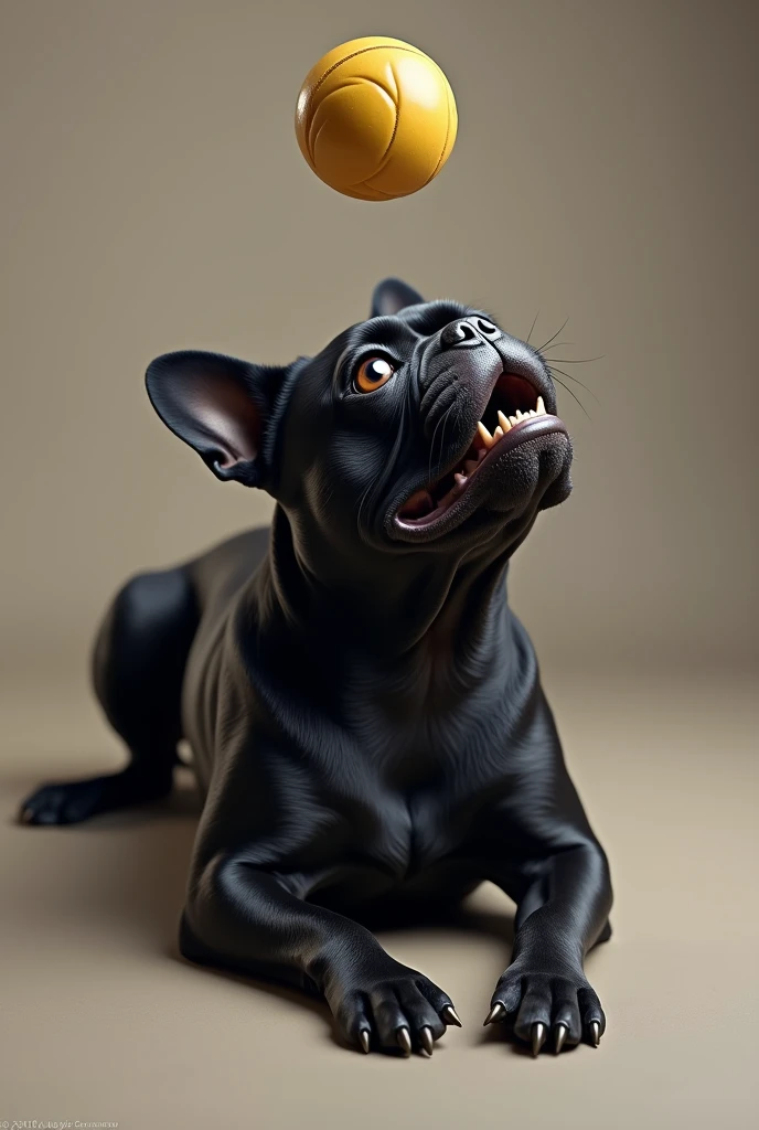 
black French bulldog dog lies on the floor, muzzle is raised, mouth is open, catches a ball, top view, perspective, realistic photo, hyperrealism