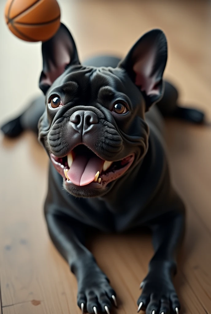 
black French bulldog dog lies on the floor, muzzle is raised, mouth is open, catches a ball, top view, perspective, realistic photo, hyperrealism