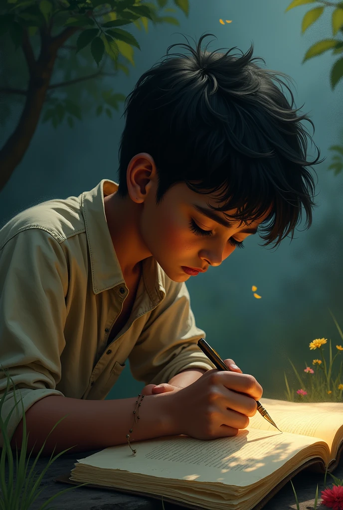 A sad indian boy, writting a poem for a girl,
Beautiful Indian girl, she's not interested in him. The background is music