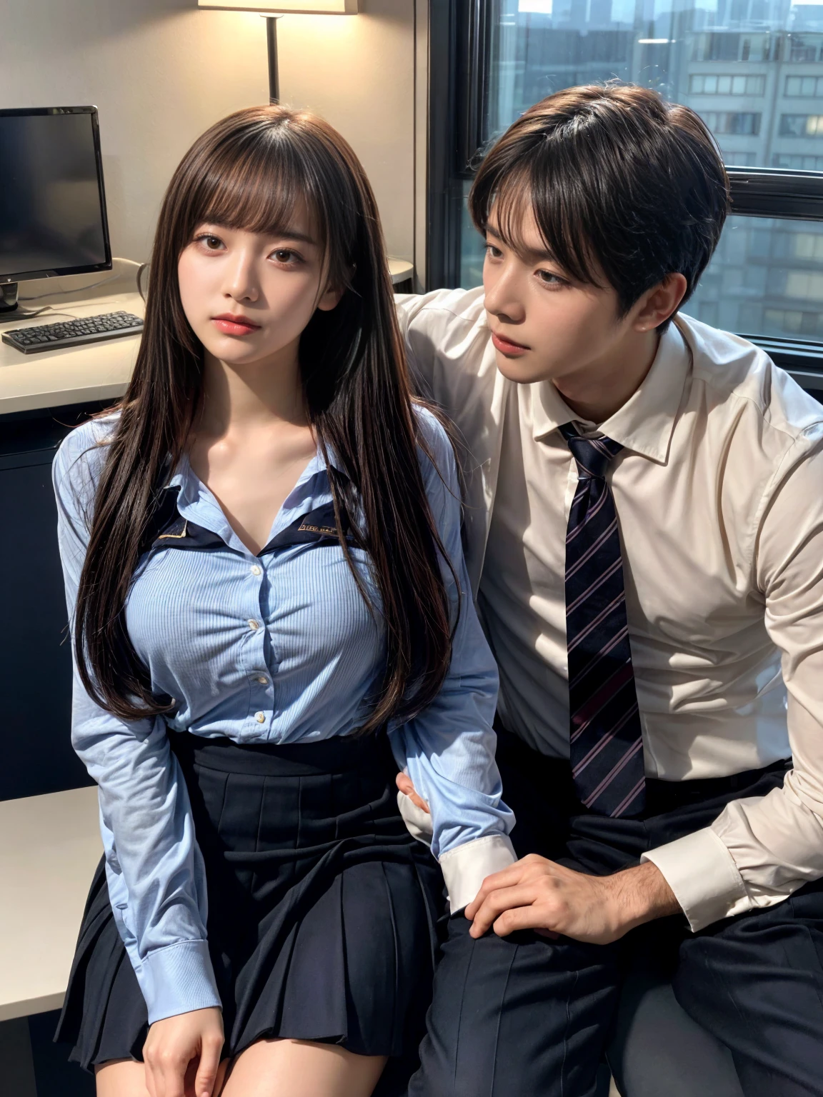 A handsome CEO with his beutiful girlfriend,who is on her highschool hot uniform romancing together with him in his luxury office at night.
While he carefully romantically falls down her hair., laege breasts