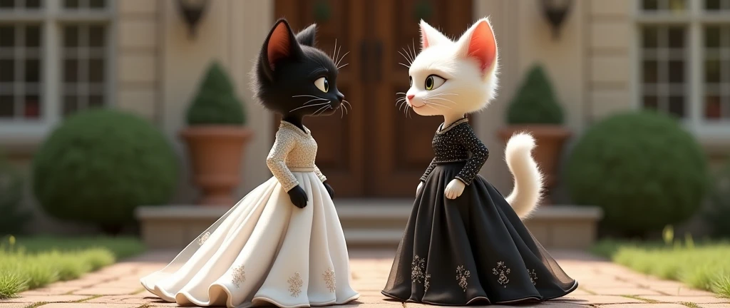  The young black cat, beautiful and wearing a white dress is in front of the mansion door, where she is greeted by a young and equally elegant white cat, wearing a sophisticated black dress. Both are standing with human posture, exchanging friendly glances and smiles.
