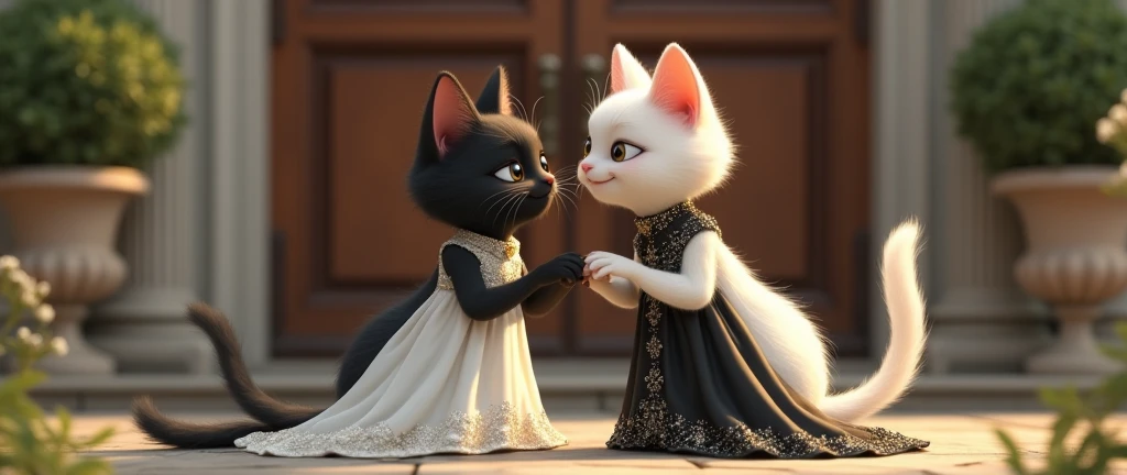  The young black cat, beautiful and wearing a white dress is in front of the mansion door, where she is greeted by a young and equally elegant white cat, wearing a sophisticated black dress. Both are standing with human posture, exchanging friendly glances and smiles.