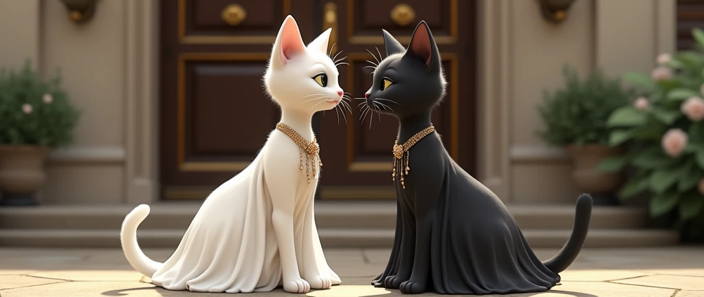 The young black cat, beautiful and wearing a white dress is in front of the mansion door, where she is greeted by a young and equally elegant white cat, wearing a sophisticated black dress. Both are standing with human posture, exchanging friendly glances and smiles.
