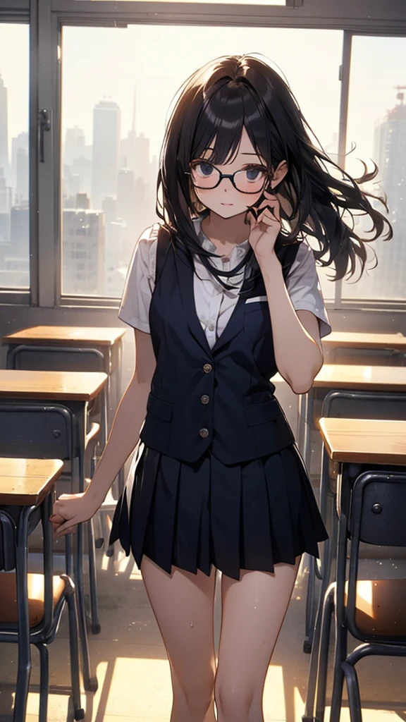 summer、empty classroom、thick、Sweat、high school girl、Low length、(((Long black hair:1.2　hair band)))(((Black-rimmed glasses:1.2　black eye)))、Backlight、evening、Nostalgic atmosphere、Look at this、High position、Cowboy Shot、glamorous、Checked mini skirt、Navy knit vest、loafers、Skirt flip、Showing sexy panties、(Flip up your skirt with both hands)、avert your eyes、Plump thighs、Thin pubic hair、(((Front view))), Beautiful details, 16K, Absurd, masterpiece, Very detailed, beautiful girl, Anguished expression