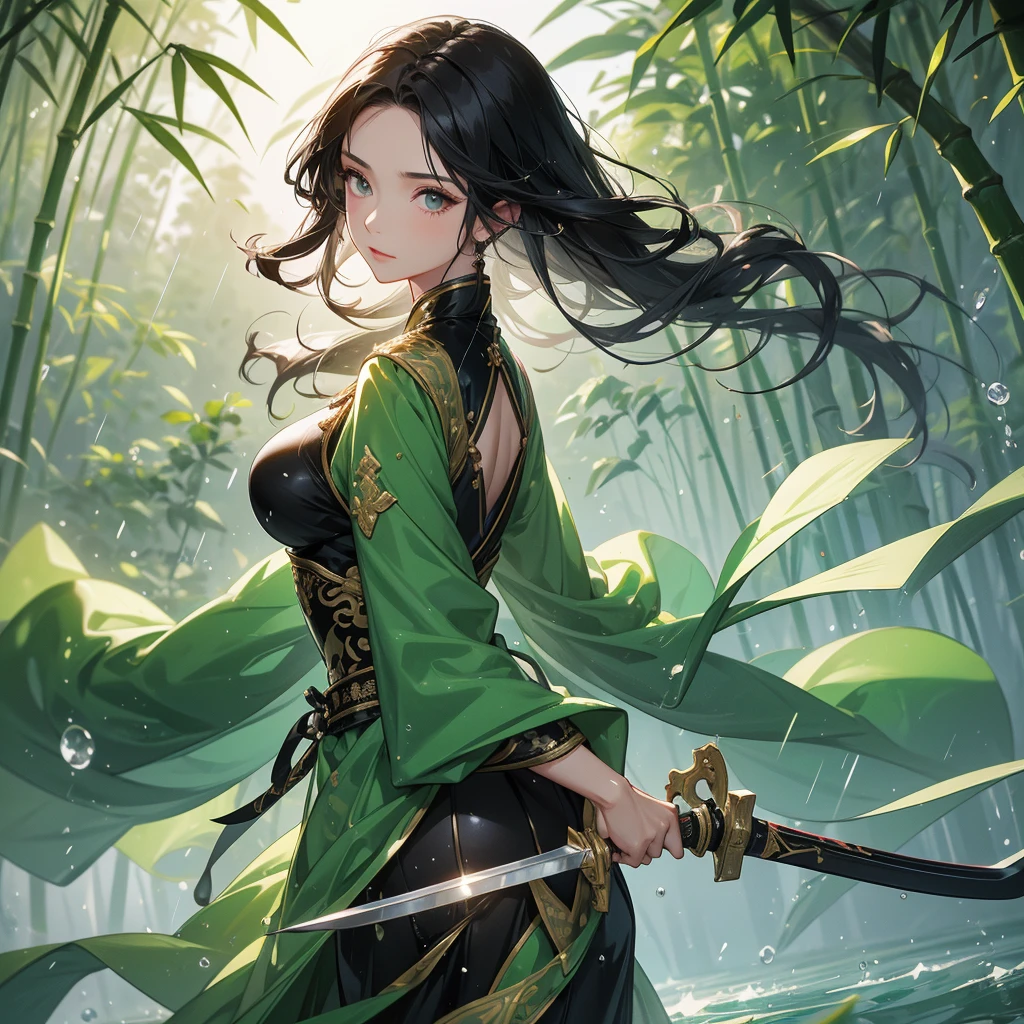 a beautiful woman black-haired female general holding a large sword in ancient Chinese general costume, the back is a lush green bamboo forest. the air after rain has water droplets splashing around.