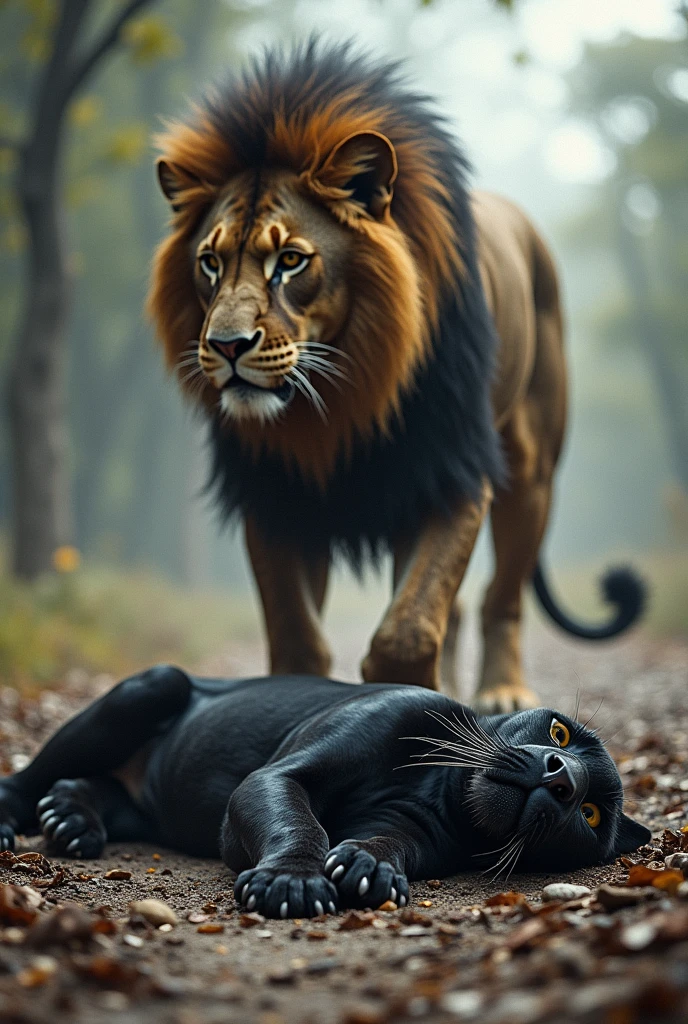 Black panther versus lion but the Lion defeated Black panther and black panther is sleeping Dead on the floor