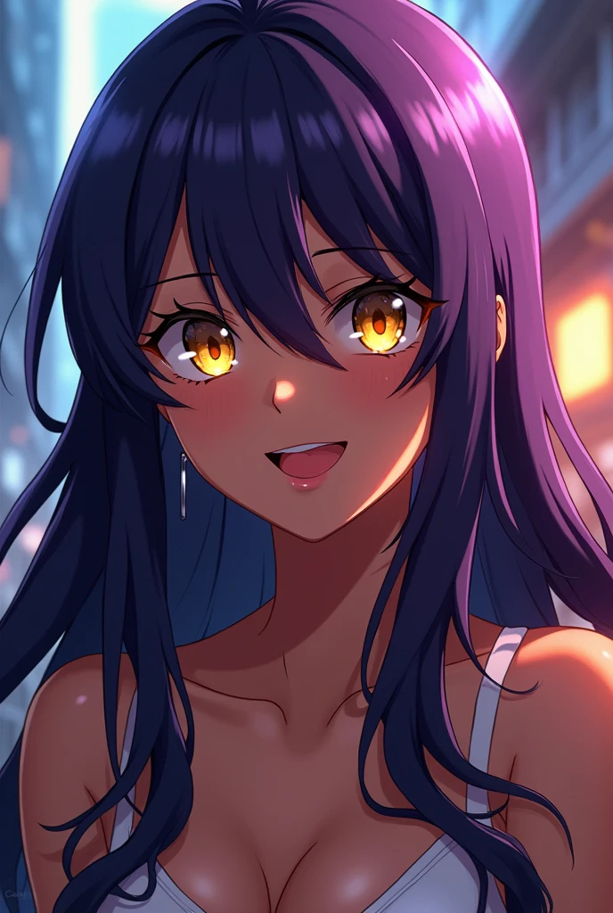 one person's,yoruichi in anime bleach,Long Hair,Purple Hair,Yellow Eyes,beautiful,smile,Ugly clothes,Brown Skin,Urban Background,(Highest quality:1.2),(Very detailed,Realistic:1.37),(Vibrant colors),(photoRealistic),(Long eyelashes),Red lips,(Studio Lighting),(Physically Based Rendering),(Ultra-fine painting),High resolution,超High resolution,Sharp focus,(Bokeh),Portraiture,anime