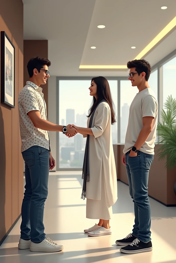 Two young men are waiting for their girlfriends in the reception area of the office. One young man is wearing a white printed shirt, jeans, white shoes and smart watch and the other one is wearing a white full sleeve T-shirt, jeans, glasses and black sneakers. His girlfriend comes there wearing a white Indian suit, black pallu, white shoes and specs. Then she shakes hands with both the boys.