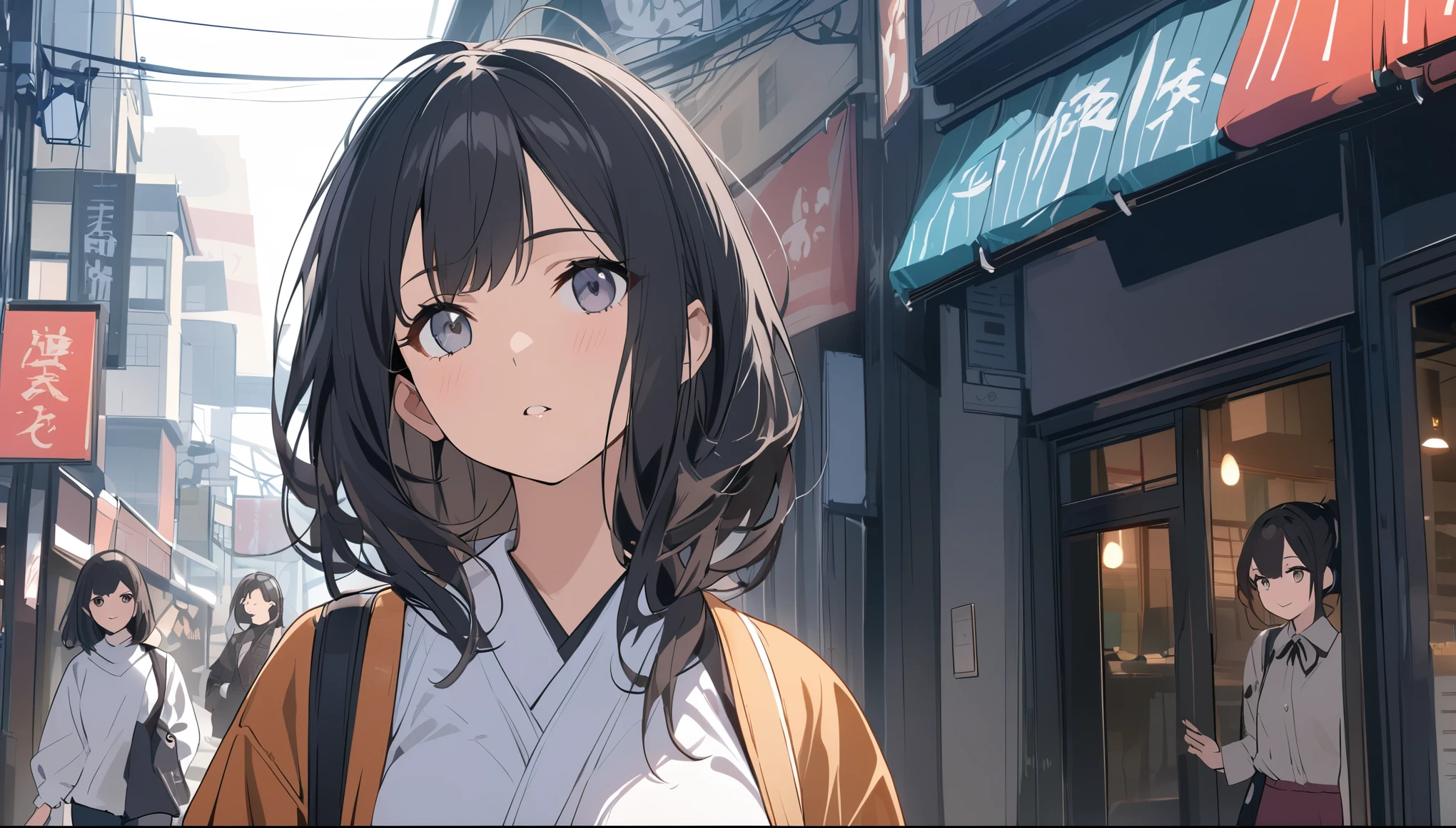 Black-haired woman looking this way,Streetscape、listen to music、Japanese