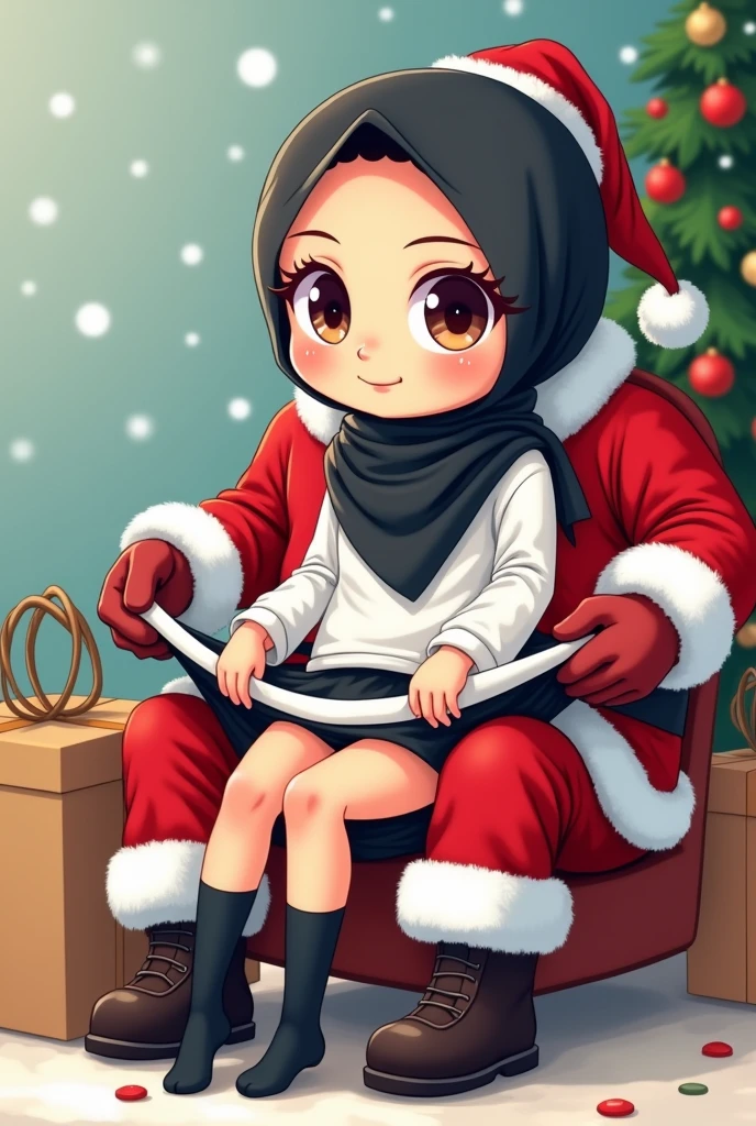 Cartoon with text:
(Masterpiece, best quality, 4k, expressive eyes, perfect face), cute and adorable girl, little cartoon girl, (beautiful face, detailed eyes), wearing black hijab, (flat style,, hand drawn style, 2d style, Cartoon artstyle, toon style), (white shirt, black miniskirt, exposed legs, black socks, sketcher shoes, (full body view, Side view), ((perfect body anatomy, perfect legs, perfect posture)), sitting on Santa's lap, santa pulling up her skirt, underwear, panties