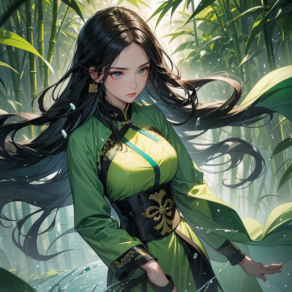 a beautiful woman black-haired female general holding a large sword in ancient Chinese general costume, the back is a lush green bamboo forest. the air after rain has water droplets splashing around.