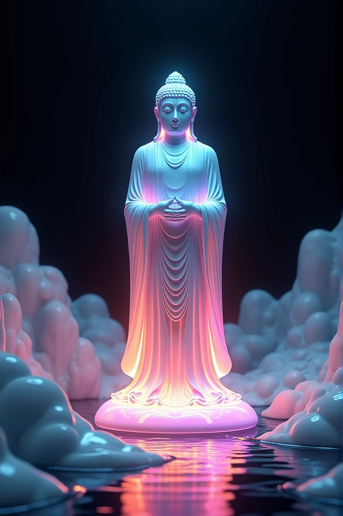 rainbow holographic curved futuristic style, using kseyne fluid motion composition style, Large Buddha statue, Ancient elegance, soft colors, chrome reflection, smooth organic shapes, surreal sci-fi details,
glass like semi transparency, black background, details , high resolution, high details