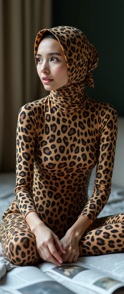 The most beautiful,thin,clever and most pretty Malaysian muslimah ager girl wears leopard print lycra turtleneck unitard catsuit covered with spots.She always wear leopard print cotton dancewear stretchy square hijab covered with spots.She sits on the bed and reads a lot of newspapers.