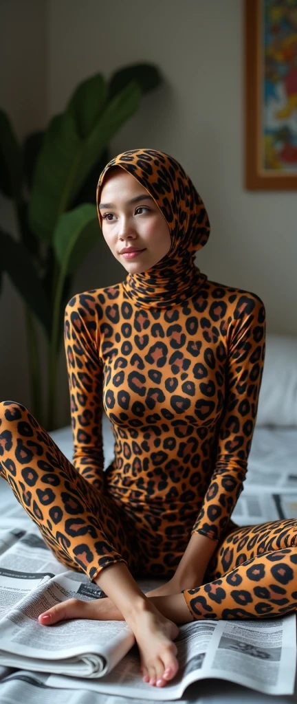 The most beautiful,thin,clever and most pretty Malaysian muslimah ager girl wears leopard print lycra turtleneck unitard catsuit covered with spots.She always wear leopard print cotton dancewear stretchy square hijab covered with spots.She sits on the bed and reads a lot of newspapers.