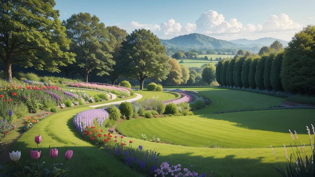 A garden like in the countryside on its side, amidst green grass.
