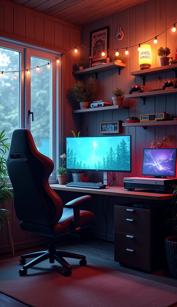 A gaming room that combines the best of retro and modern. A comfortable gaming chair is positioned in front of a large, curved monitor with a vintage console setup beside it. The walls are lined with shelves filled with classic video game cassettes, retro controllers, and nostalgic memorabilia. Warm, ambient lighting from lava lamps and string lights casts a gentle glow over the space. The atmosphere is inviting and cozy, with the sound of rain tapping on the window, making it the perfect place to game on a Friday night.