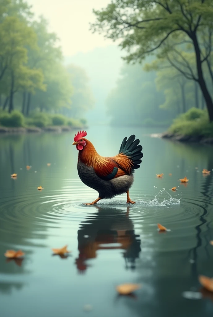 A hen is walking on the river.