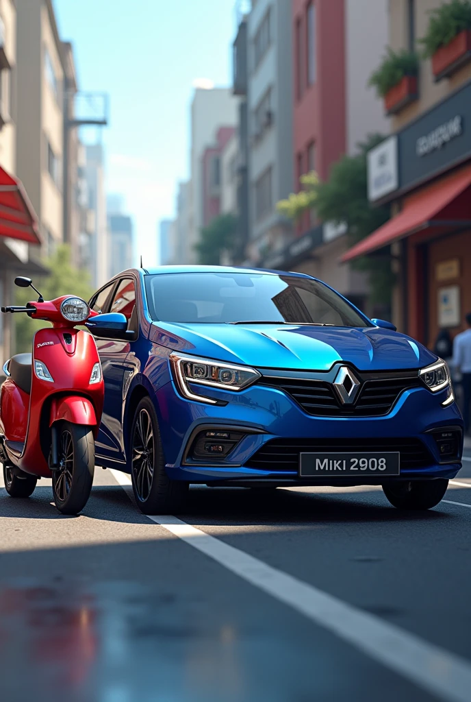 Generate the realistic image of black colour bike blue colour car and red colour scooter and make car in the middle bike in the right side and scooter in the left side