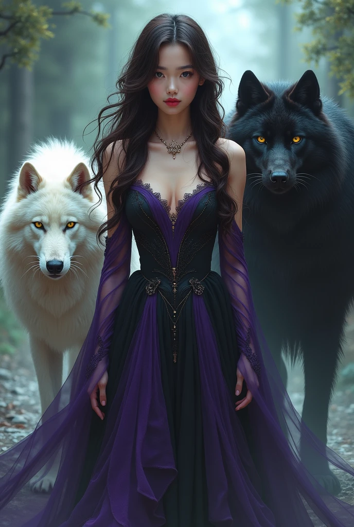 A Asian beautiful young woman,Long dark brown wavy hair,Sharp green eyes,Wearing a purple and black dress,There is a witch power that is stronger than gods and demons,My pet is a black wolf with Gray eyes.Giant white cat with yellow eyes,Giant black.