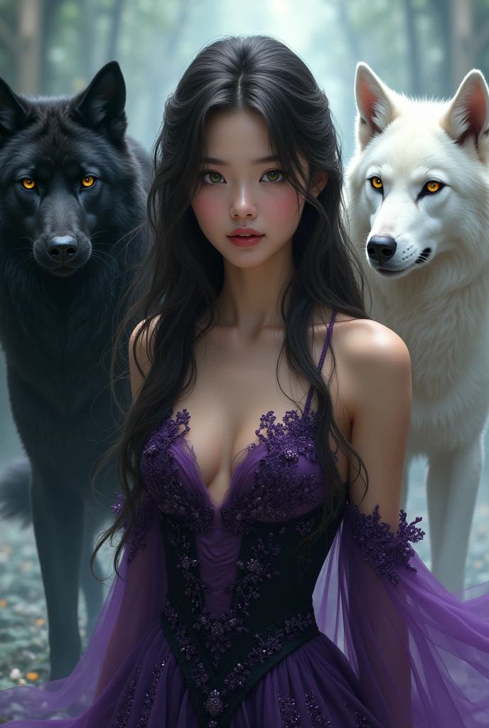 A Asian beautiful young woman,Long dark brown wavy hair,Sharp green eyes,Wearing a purple and black dress,There is a witch power that is stronger than gods and demons,My pet is a black wolf with Gray eyes.Giant white cat with yellow eyes,Giant black.