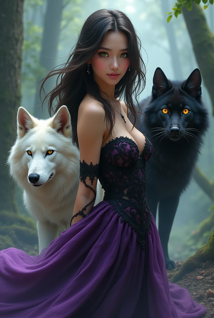 A Asian beautiful young woman,Long dark brown wavy hair,Sharp green eyes,Wearing a purple and black dress,There is a witch power that is stronger than gods and demons,My pet is a black wolf with Gray eyes.Giant white cat with yellow eyes,Giant black.